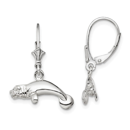 Sterling Silver Polished 3D Manatee Leverback Earrings