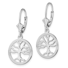 Sterling Silver Polished Tree of Life in Circle Leverback Earrings