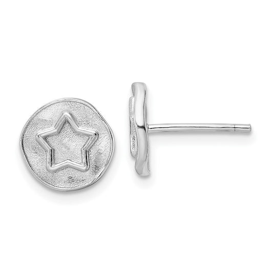 Rhodium-plated Sterling Silver Star in Satin Circle Post Earrings