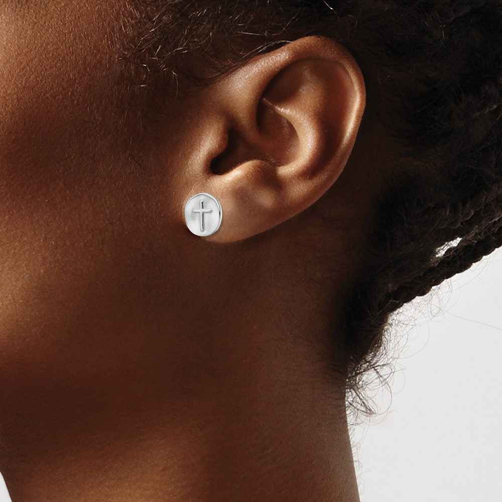 Rhodium-plated Sterling Silver Cross in Satin Circle Post Earrings