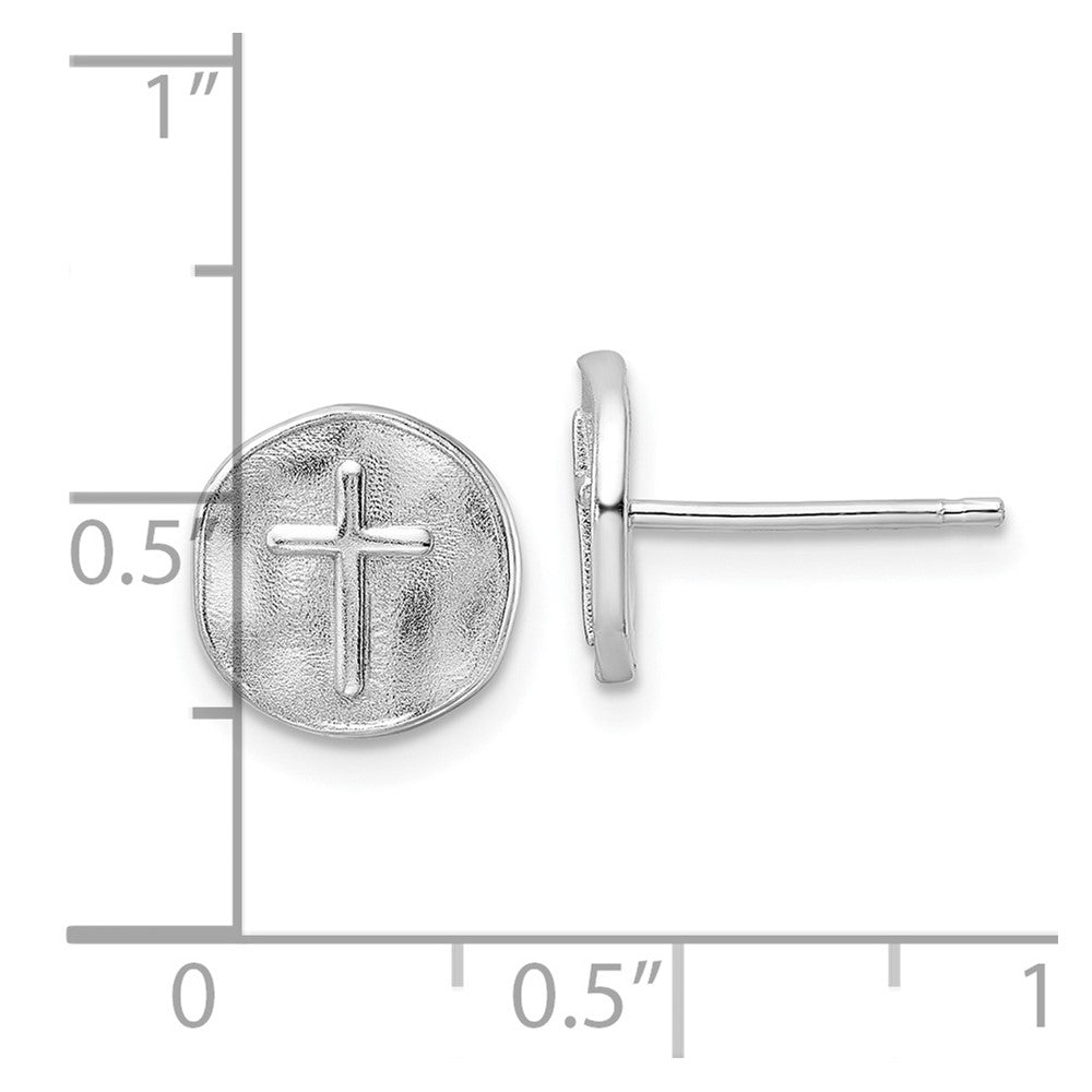 Rhodium-plated Sterling Silver Cross in Satin Circle Post Earrings