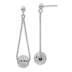 Rhodium-plated Sterling Silver Lasered Bead Chain Dangle Post Earrings