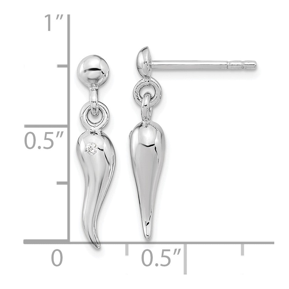 Rhodium-plated Silver Polish CZ Italian Horn Dangle Post Earrings