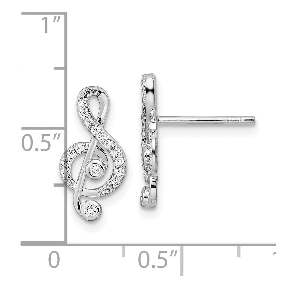 Rhodium-plated Sterling Silver CZ Treble Clef Post Earrings