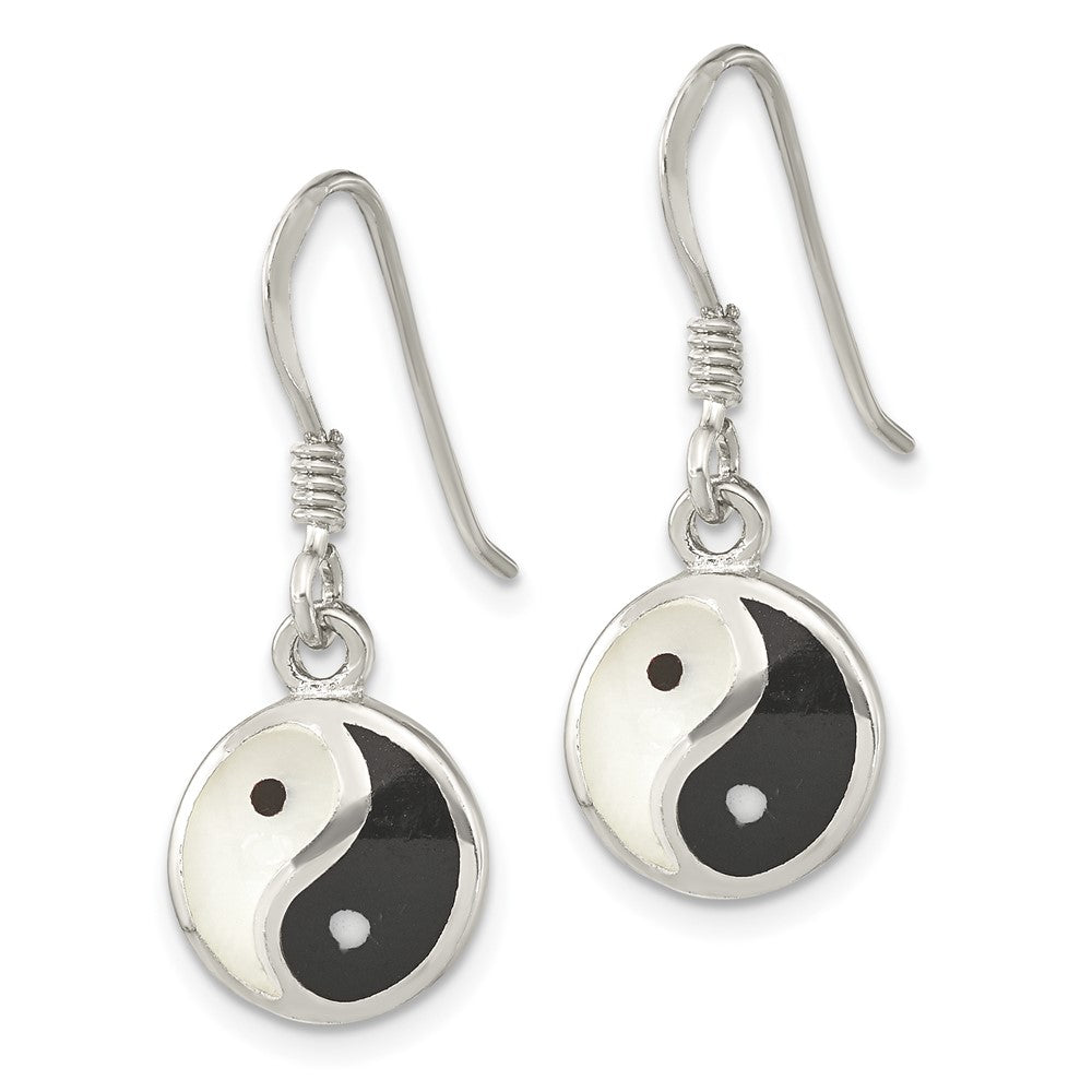 Sterling Silver Mother of Pearl and Black Resin Yin Yang Dangle Earrings