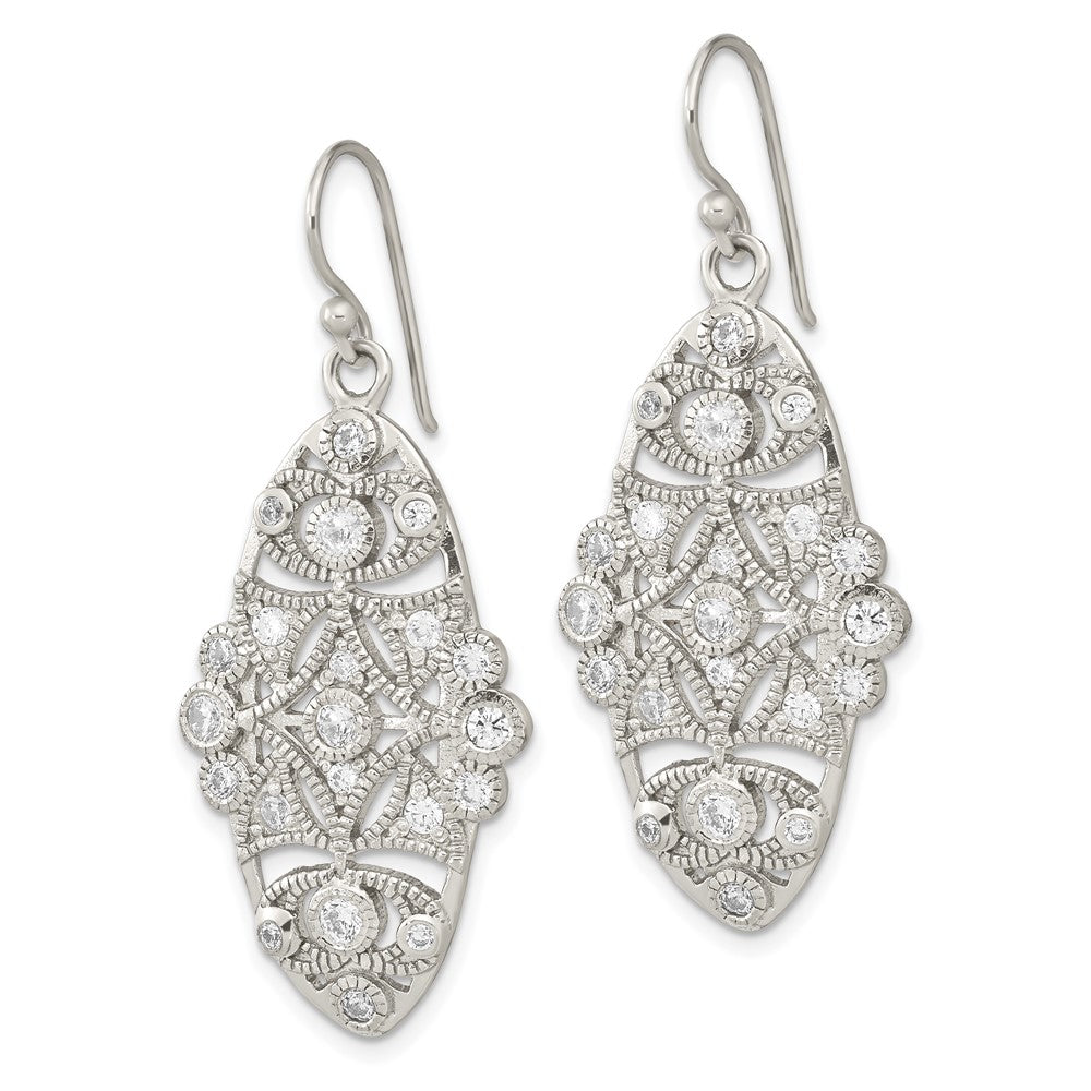 Sterling Silver Polished Fancy CZ Dangle Shephard Hook Earrings