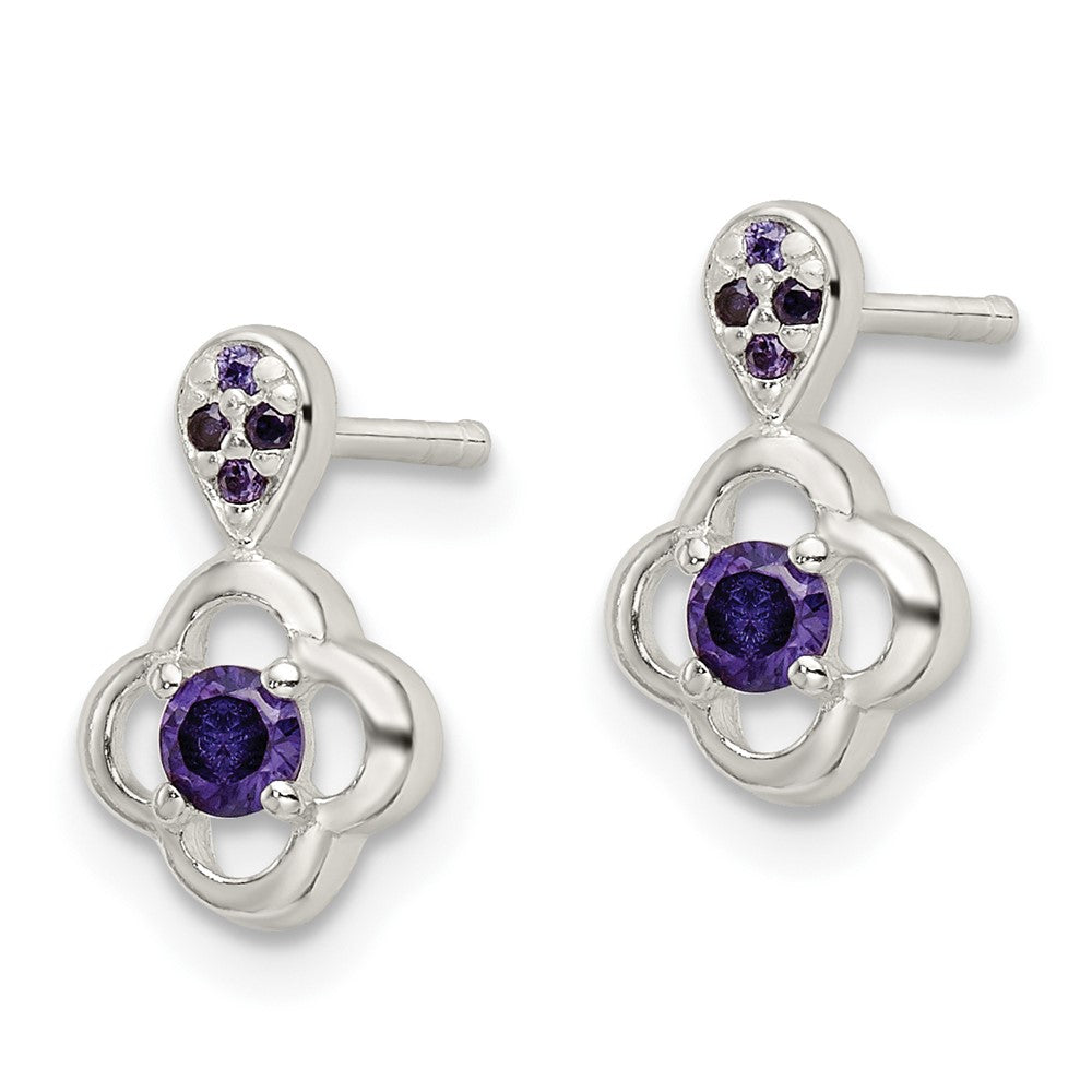 Sterling Silver Polished Purple CZ Flower Post Dangle Earrings