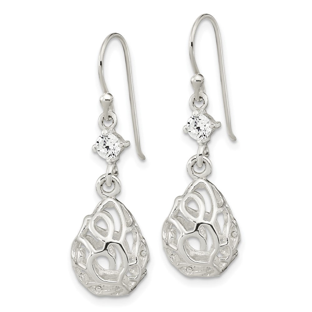 Sterling Silver Polished CZ Teardrop Dangle Shephard Hook Earrings