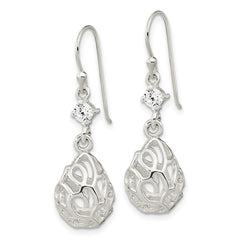 Sterling Silver Polished CZ Teardrop Dangle Shephard Hook Earrings
