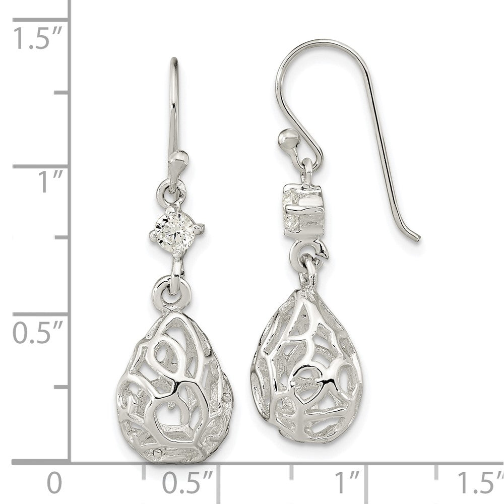 Sterling Silver Polished CZ Teardrop Dangle Shephard Hook Earrings