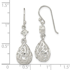 Sterling Silver Polished CZ Teardrop Dangle Shephard Hook Earrings