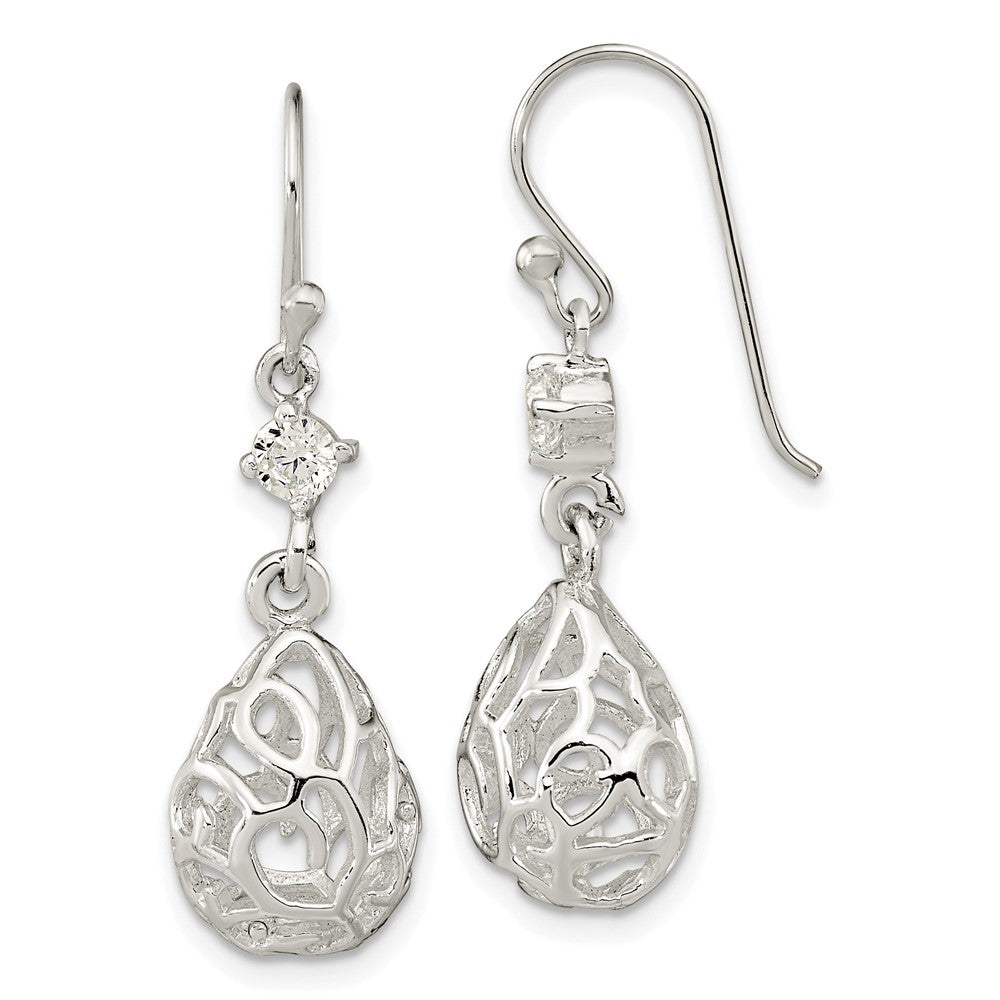 Sterling Silver Polished CZ Teardrop Dangle Shephard Hook Earrings