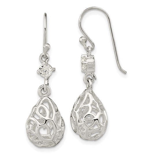 Sterling Silver Polished CZ Teardrop Dangle Shephard Hook Earrings