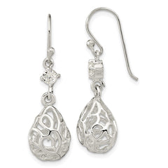 Sterling Silver Polished CZ Teardrop Dangle Shephard Hook Earrings