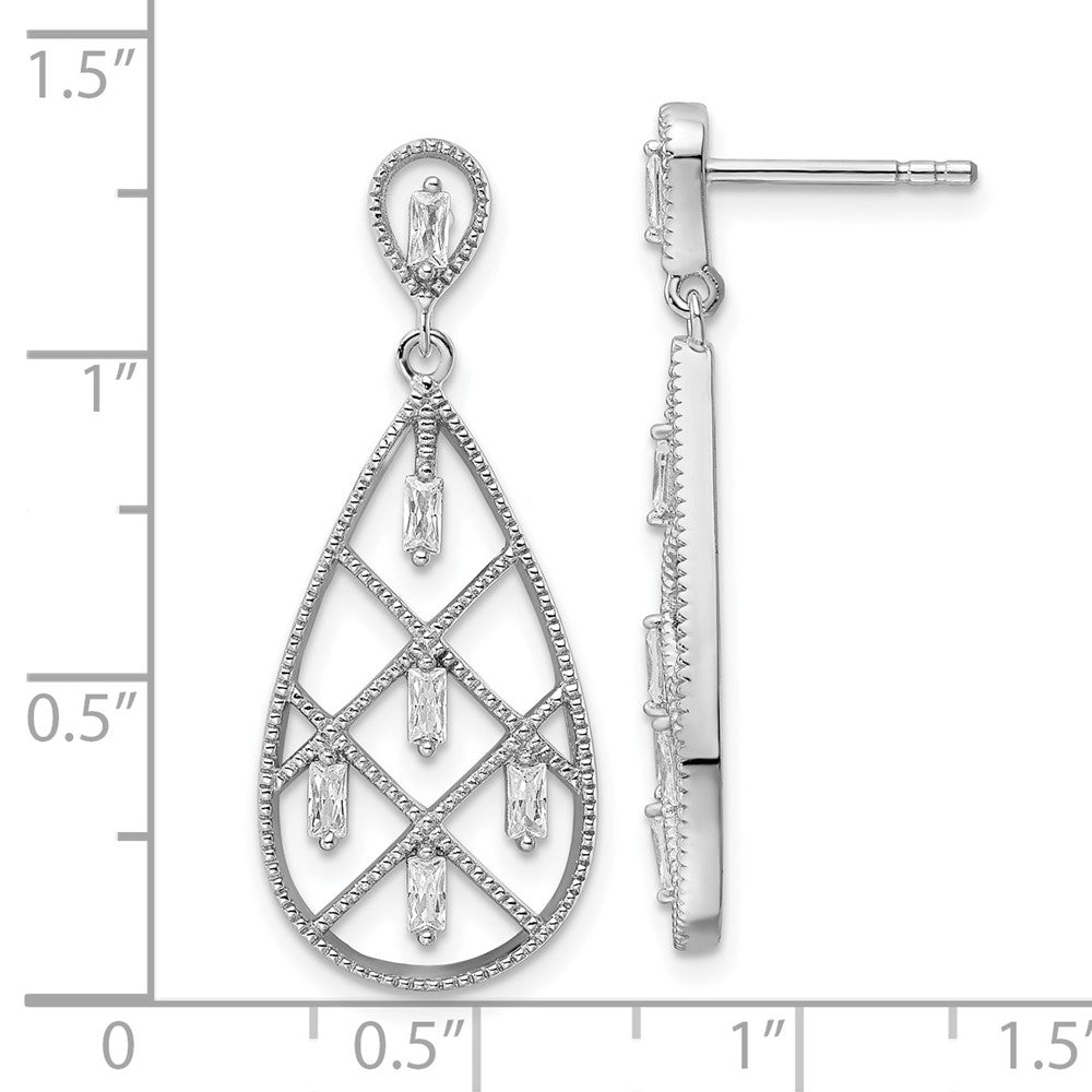 Rhodium-plated Sterling Silver Baguette CZ Teardrop Post Earrings