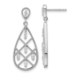 Rhodium-plated Sterling Silver Baguette CZ Teardrop Post Earrings