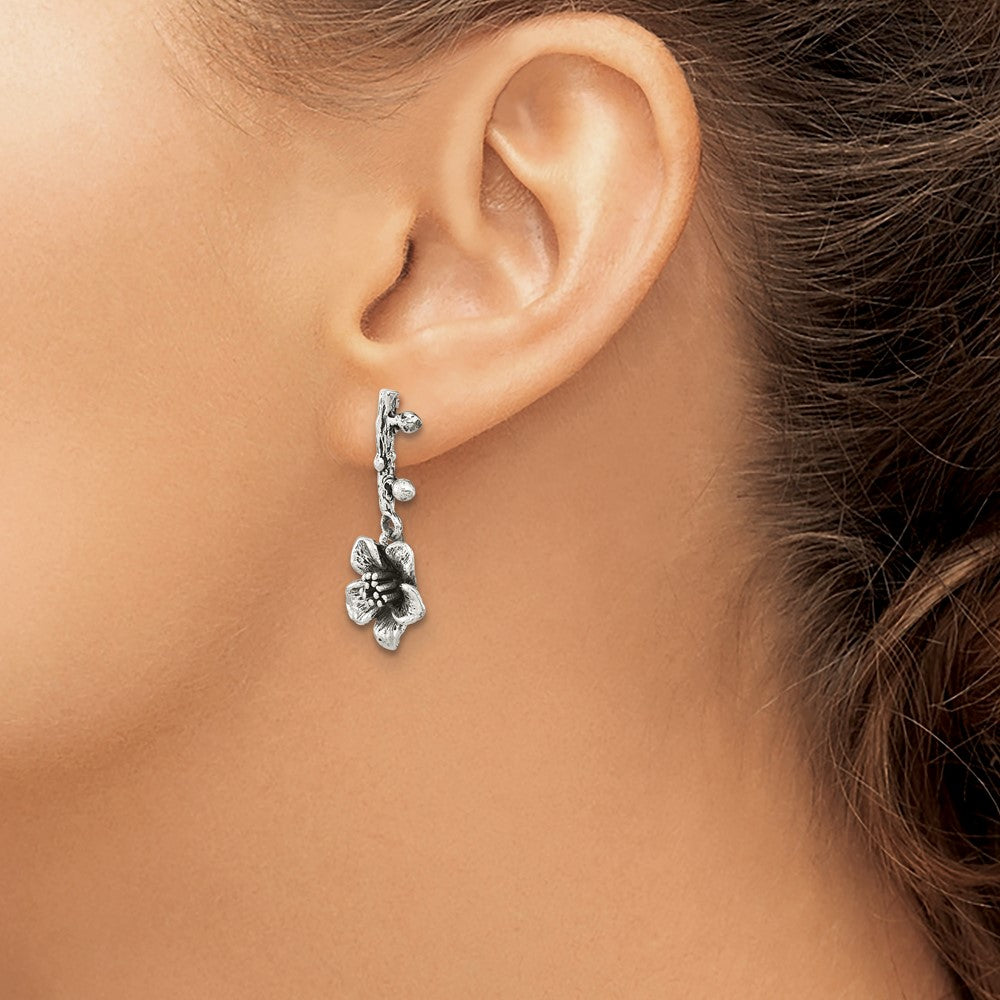 Sterling Silver Oxidized Flower with Branch Dangle Post Earrings