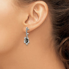 Sterling Silver Oxidized Flower with Branch Dangle Post Earrings