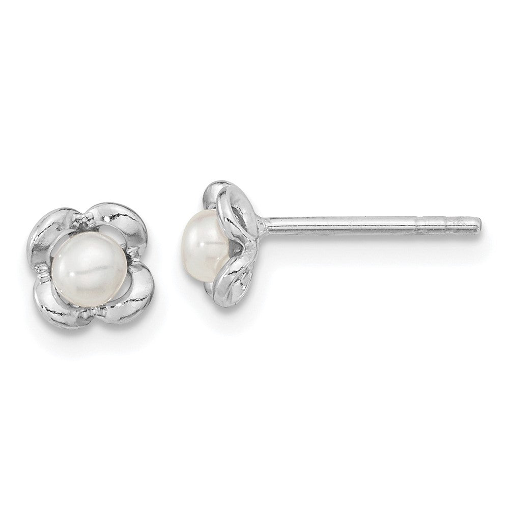 Rhodium-plated Silver Polished FWC Pearl Flower Post Earrings