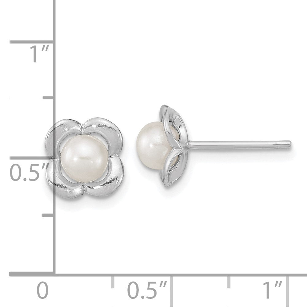 Rhodium-plated Silver Polished FWC Pearl Flower Post Earrings