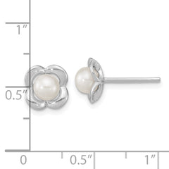 Rhodium-plated Silver Polished FWC Pearl Flower Post Earrings
