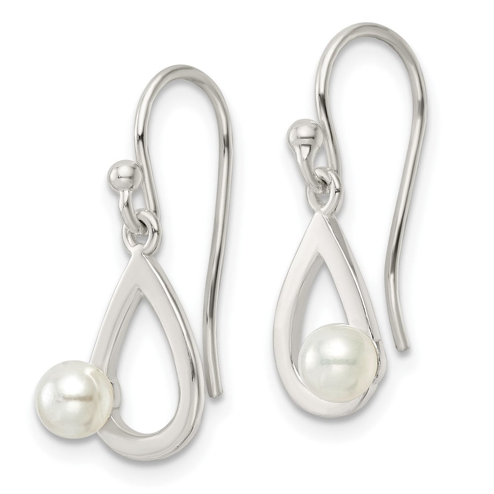 Sterling Silver Polished Teardrop with Imitation Pearl Shepherd Hook Earrings