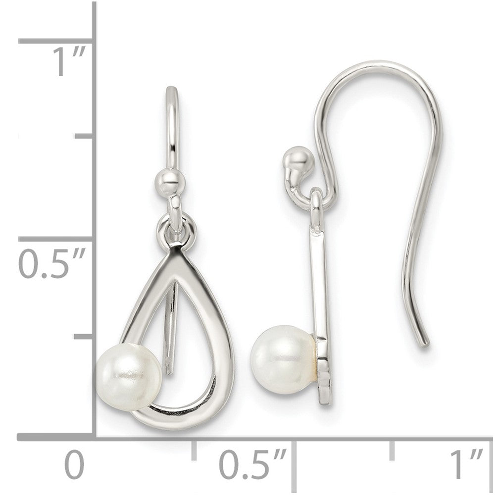 Sterling Silver Polished Teardrop with Imitation Pearl Shepherd Hook Earrings