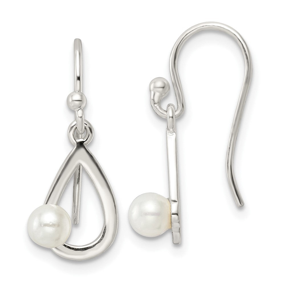 Sterling Silver Polished Teardrop with Imitation Pearl Shepherd Hook Earrings