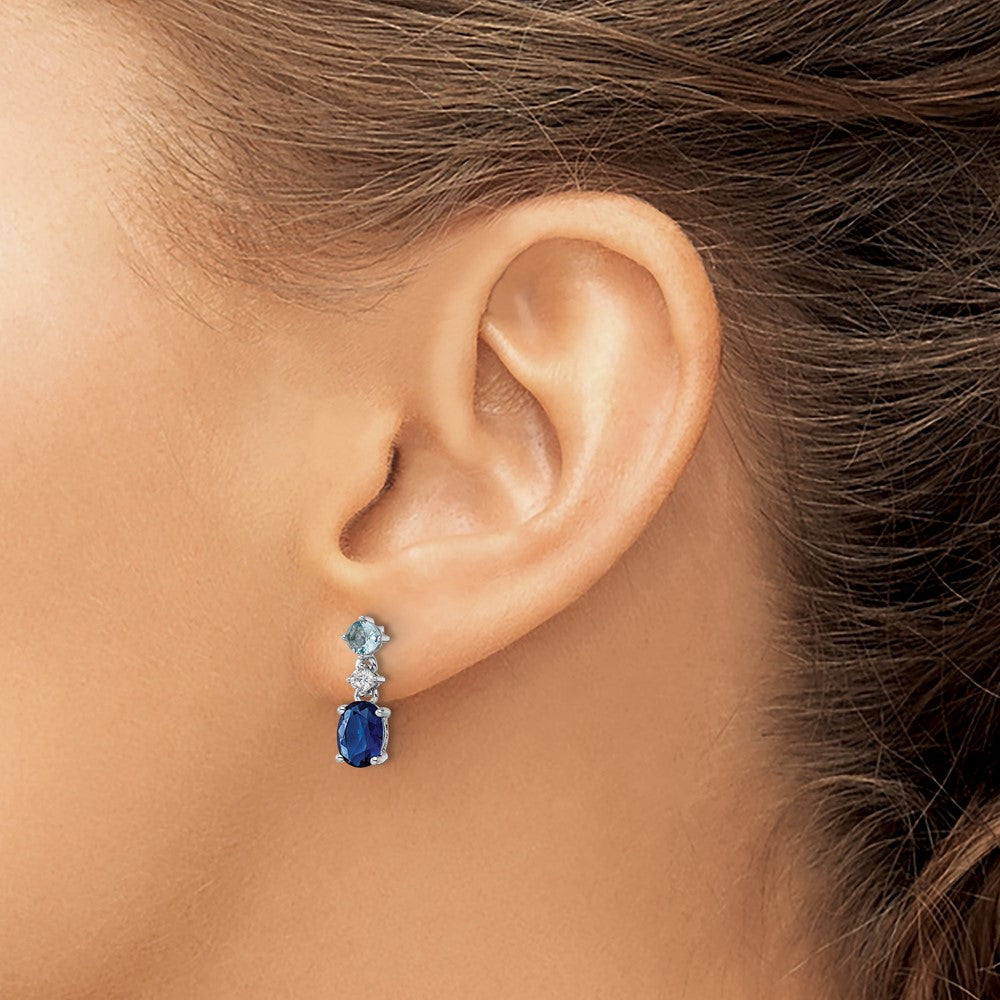 Rhodium-plated Sterling Silver CZ and Blue Glass Post Dangle Earrings