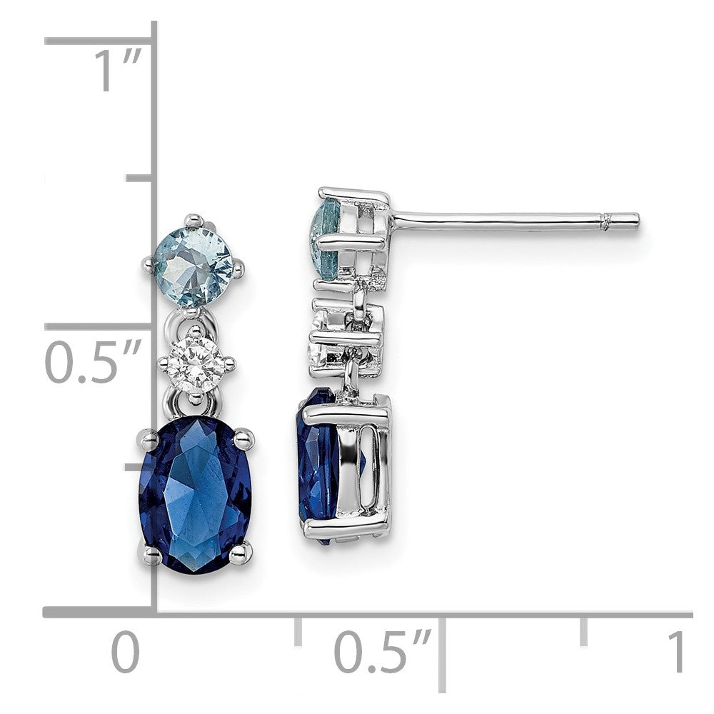 Rhodium-plated Sterling Silver CZ and Blue Glass Post Dangle Earrings