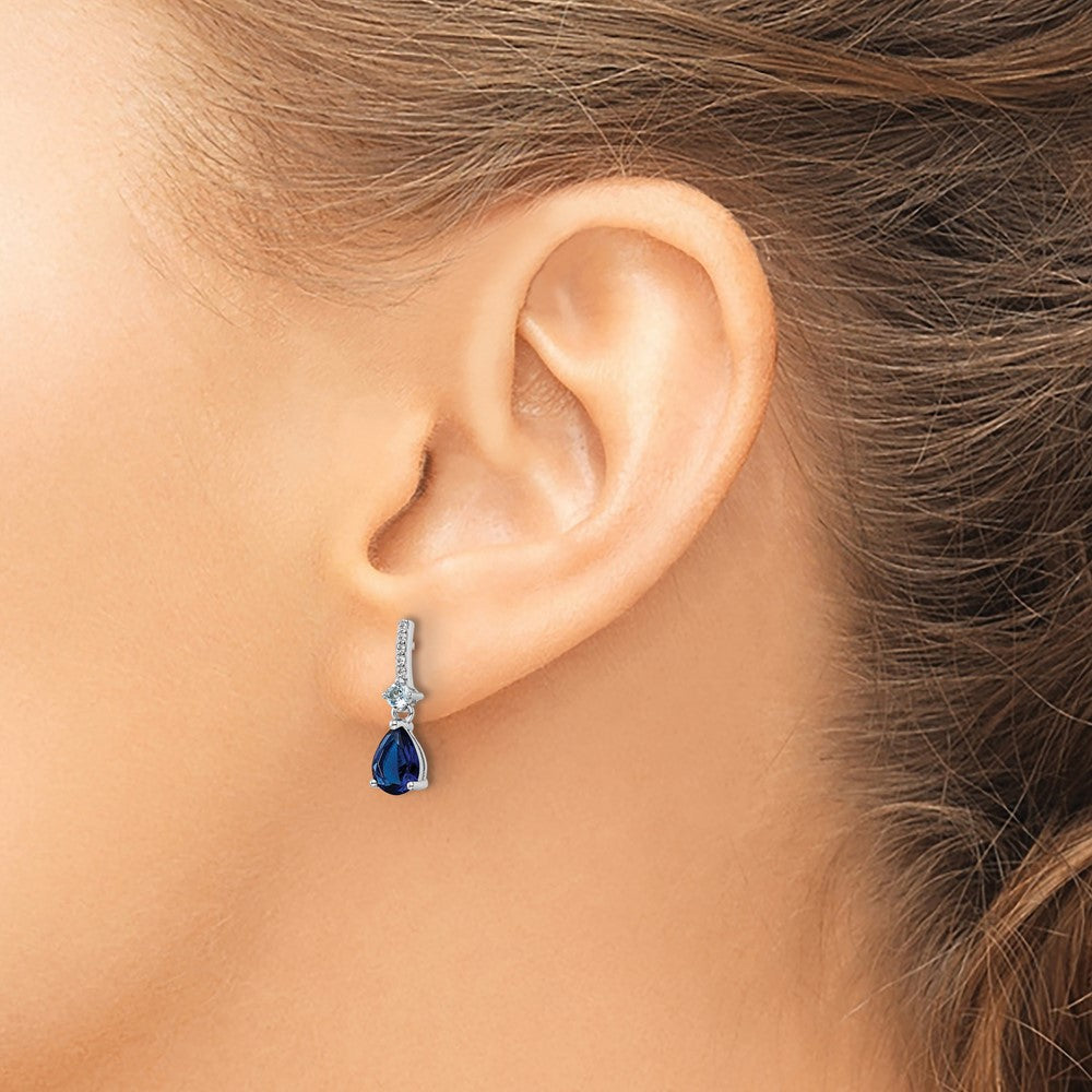 Rhodium-plated Sterling Silver CZ and Blue Glass Post Dangle Earrings