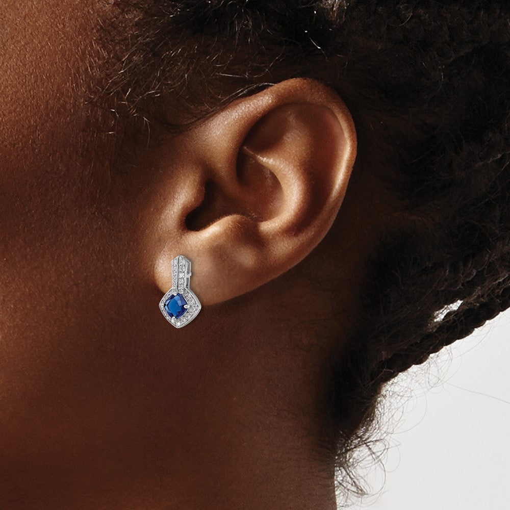 Rhodium-plated Sterling Silver CZ and Blue Glass Post Earrings