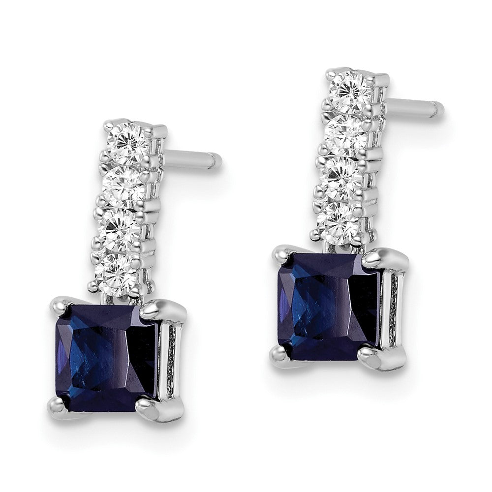 Sterling Silver Polished Rhodium Cr. Blue Spinel and CZ Post Dangle Earrings