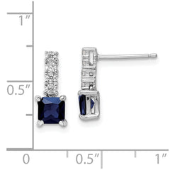 Sterling Silver Polished Rhodium Cr. Blue Spinel and CZ Post Dangle Earrings