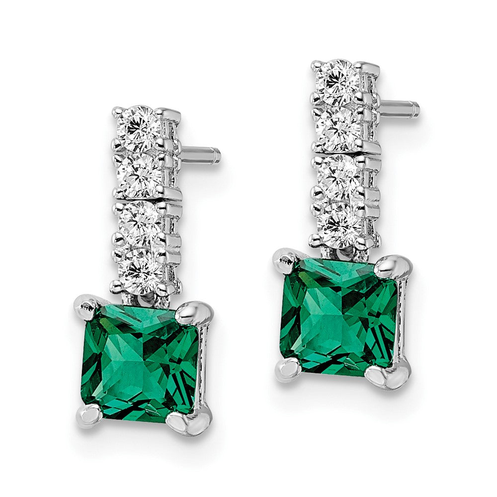 Sterling Silver Polished Rhodium-plated Green Clear CZ Post Dangle Earrings