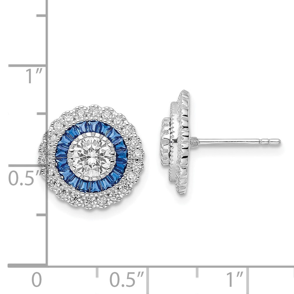 Rhodium-plated Sterling Silver Polished Blue & White CZ Round Post Earrings