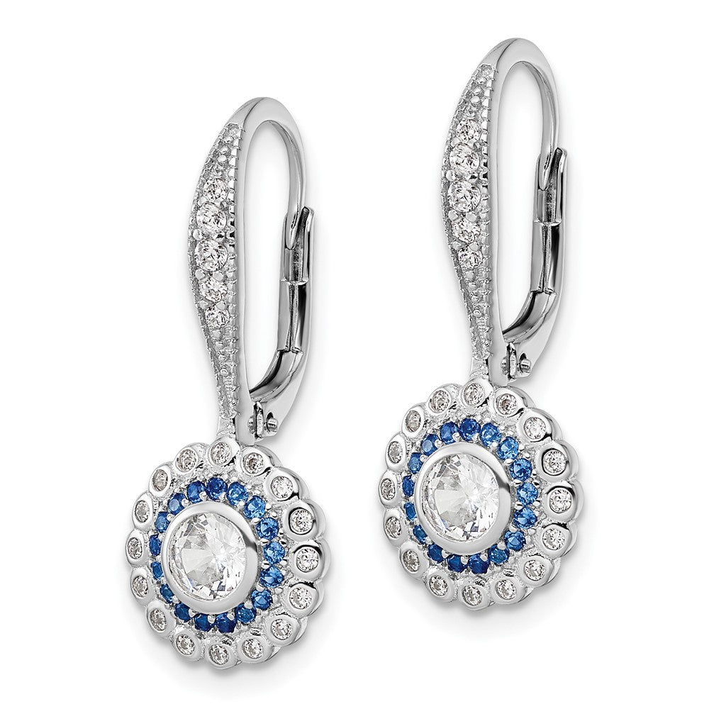 Rhodium-plated Sterling Silver Polished Blue & White CZ Leverback Earrings