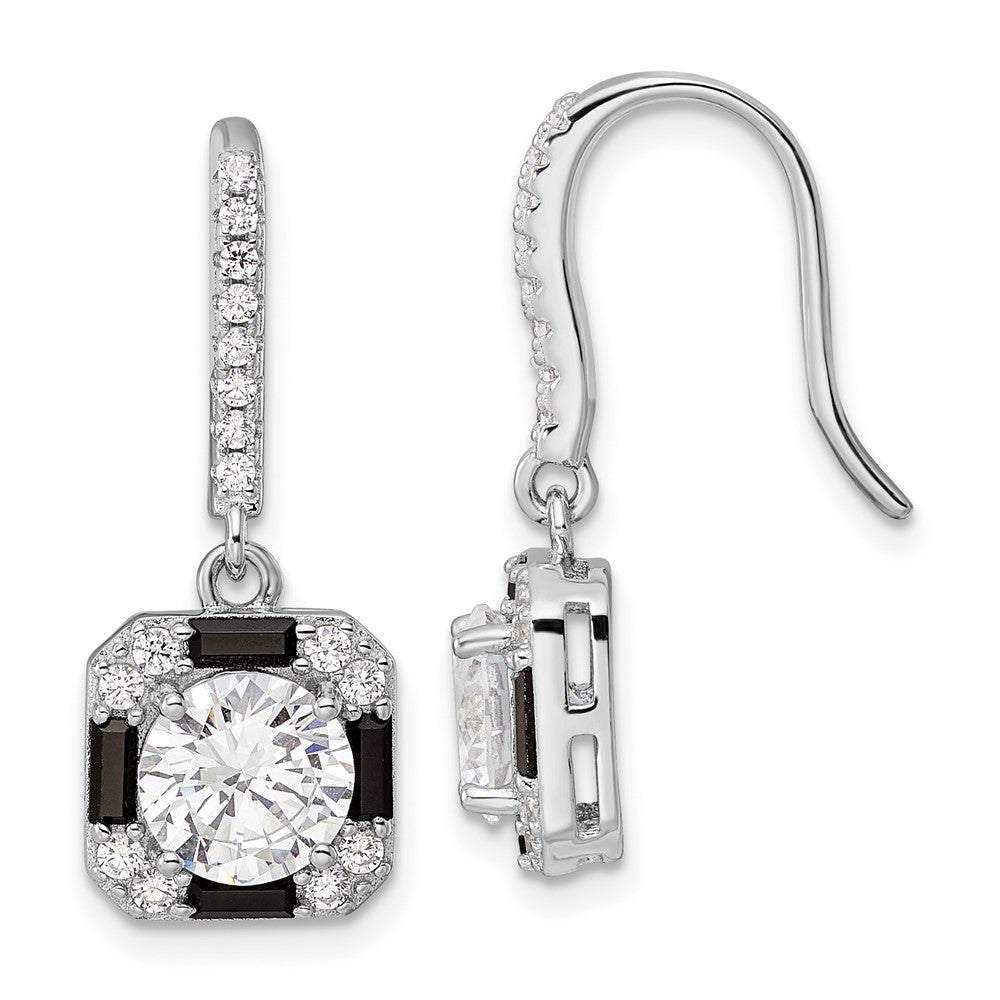 Sterling Silver Rhodium-plate CZ & Black Nano Crystal Square Earrings