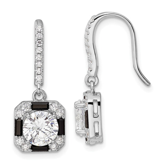 Sterling Silver Rhodium-plate CZ & Black Nano Crystal Square Earrings