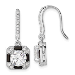 Sterling Silver Rhodium-plate CZ & Black Nano Crystal Square Earrings