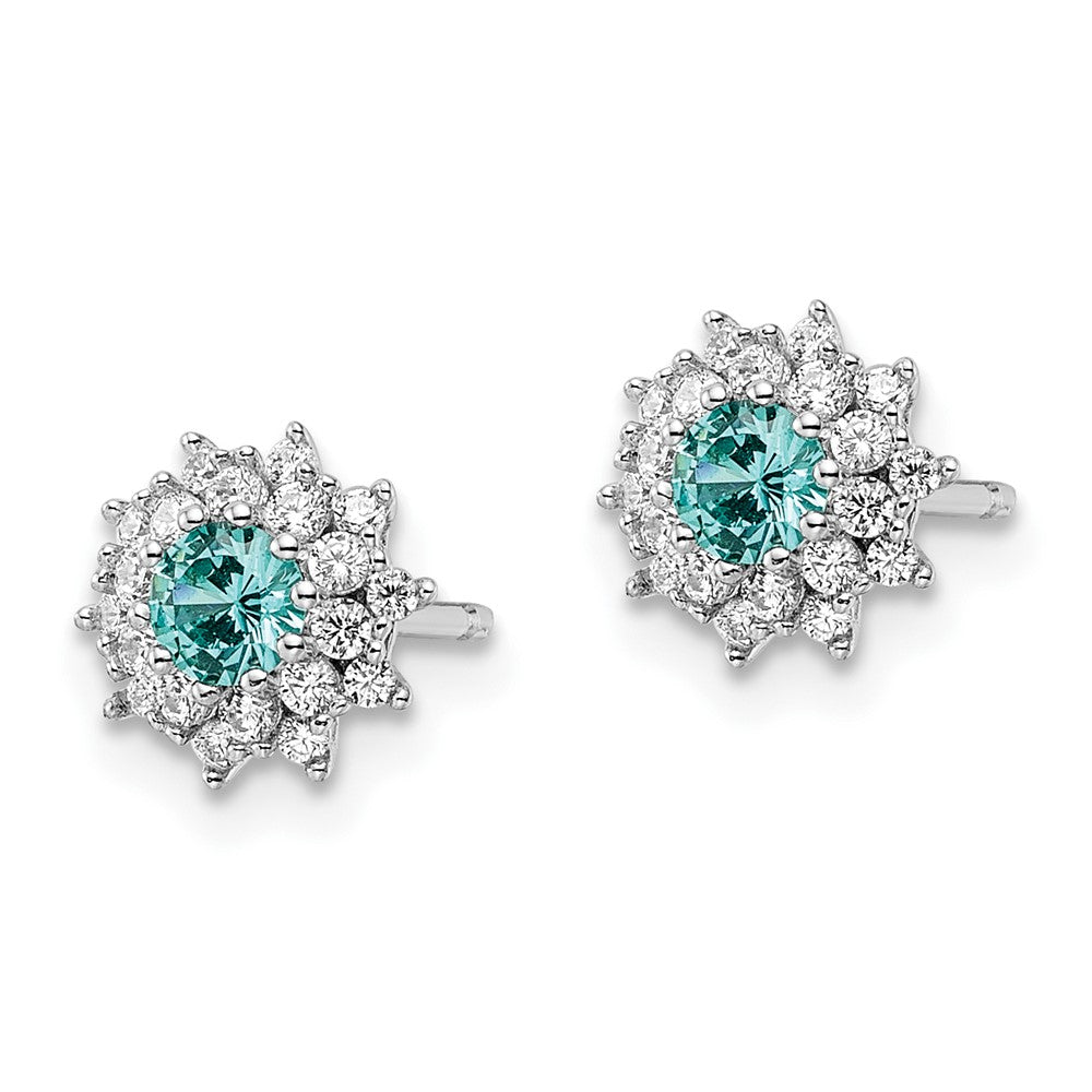 Rhodium-plated Sterling Silver Teal & White CZ Post Earrings