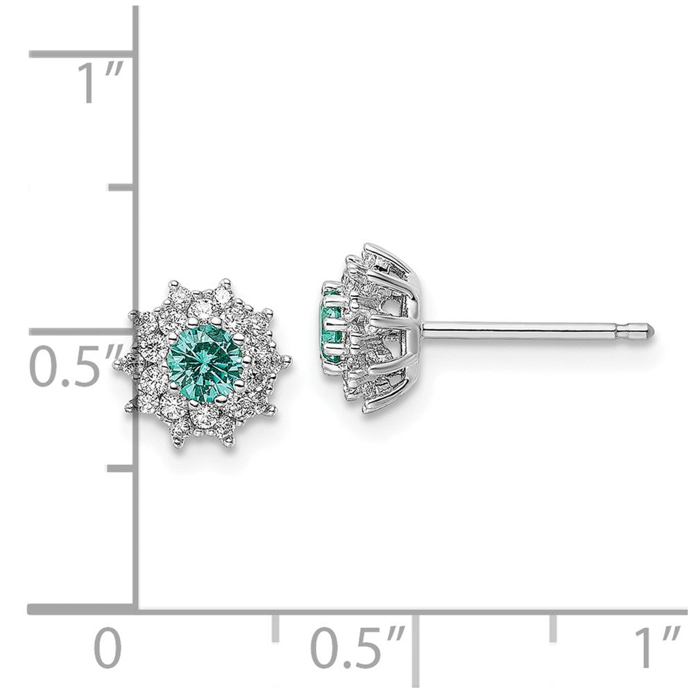 Rhodium-plated Sterling Silver Teal & White CZ Post Earrings