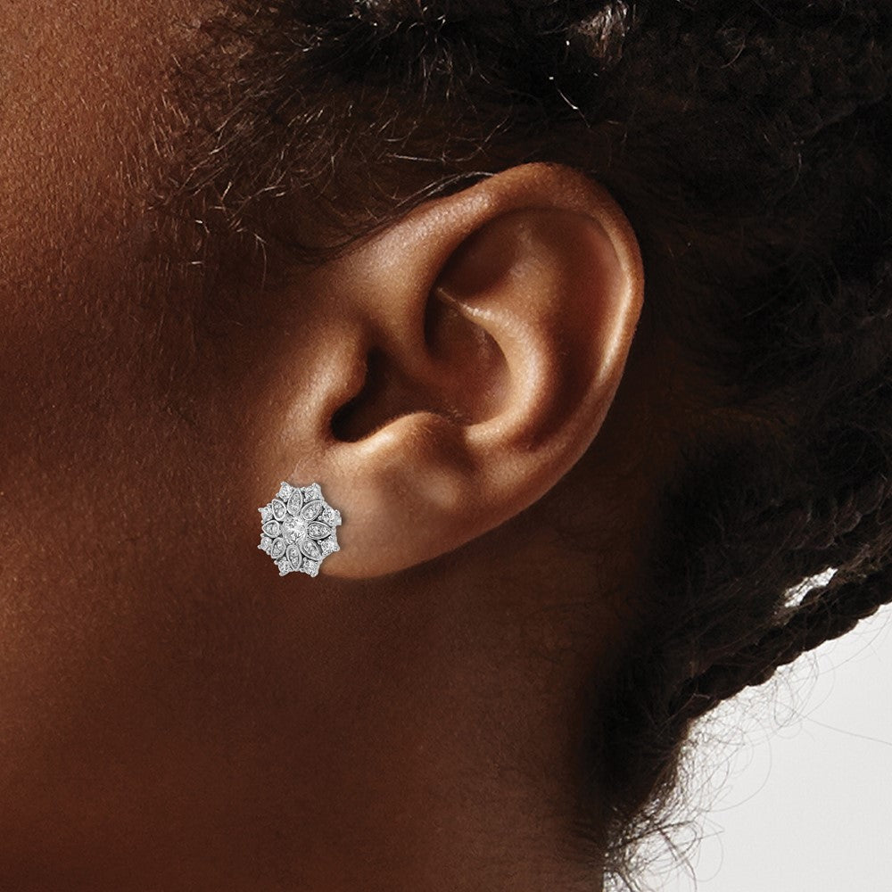 Rhodium-plated Sterling Silver CZ Flower Post Earrings