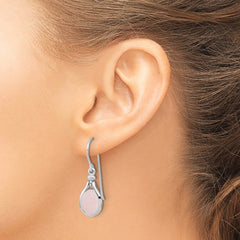 Rhodium-plated Silver Rose Quartz Oval Dangle Earrings