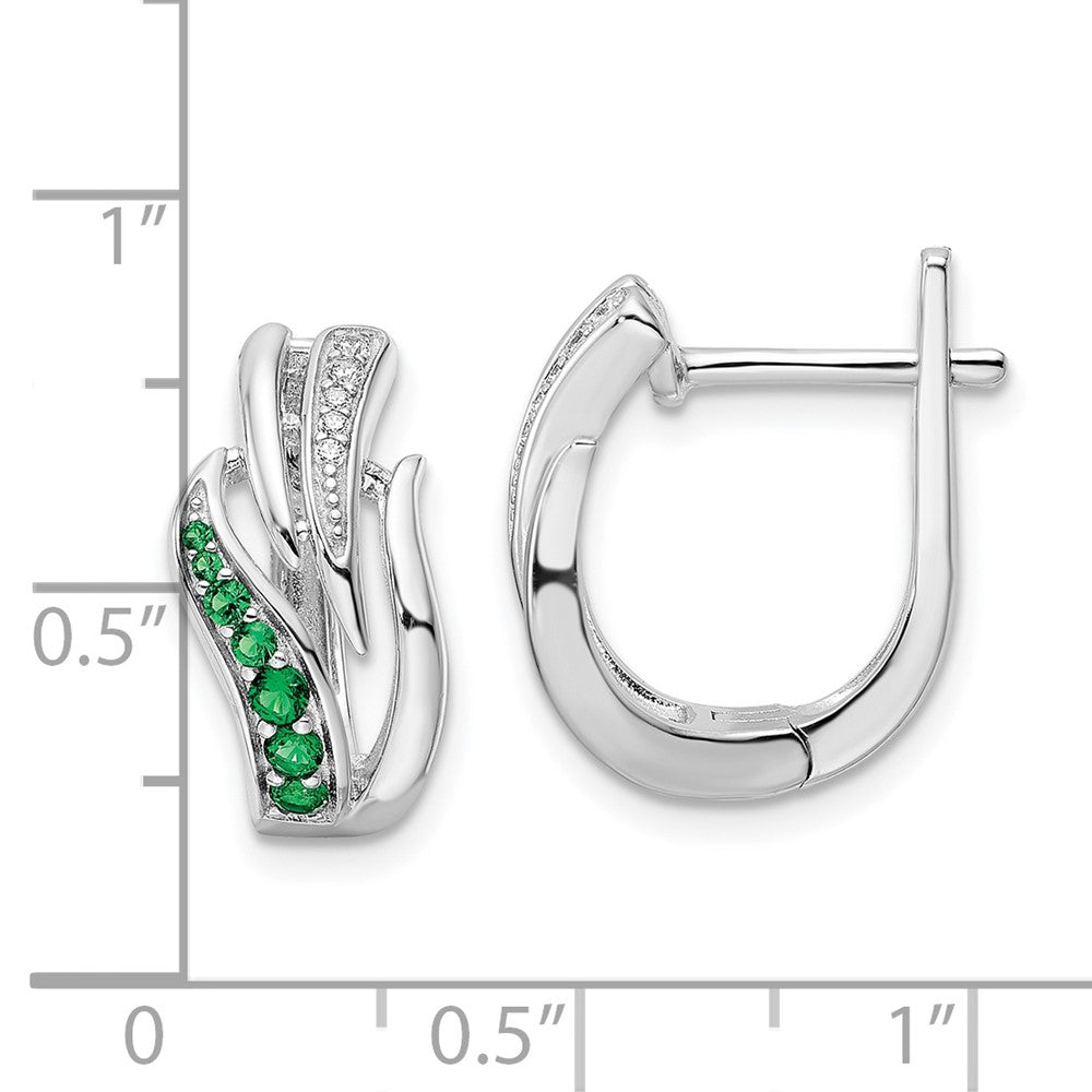 Rhodium-plated Sterling Silver Green & White CZ Hinged Hoop Earrings