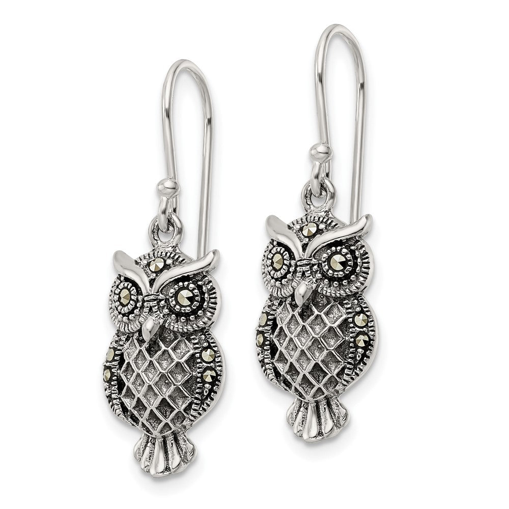 Sterling Silver Antiqued Marcasite Owl Shepherd Hook Earrings