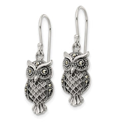 Sterling Silver Antiqued Marcasite Owl Shepherd Hook Earrings