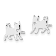Rhodium-plated Sterling Silver Cat with Heart Post Earrings