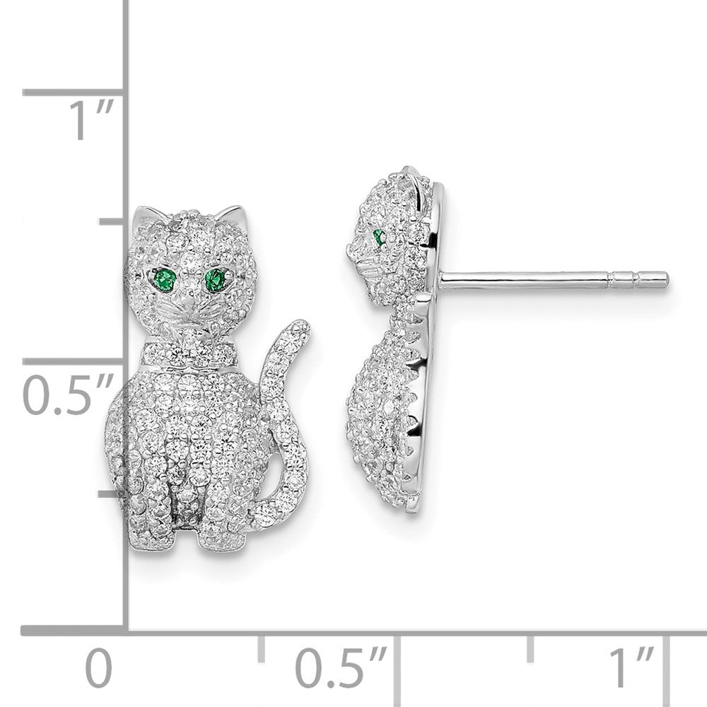 Rhodium-plated Sterling Silver Polished Green & White CZ Cat Post Earrings