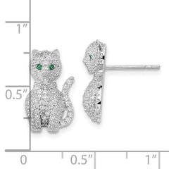 Rhodium-plated Sterling Silver Polished Green & White CZ Cat Post Earrings